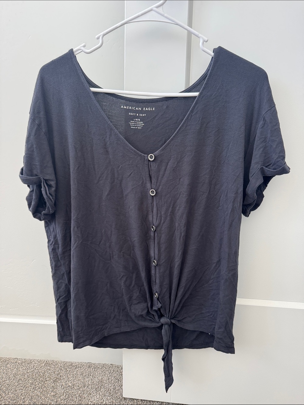 American Eagle Outfitters Black Button-Front Tie-Hem Top